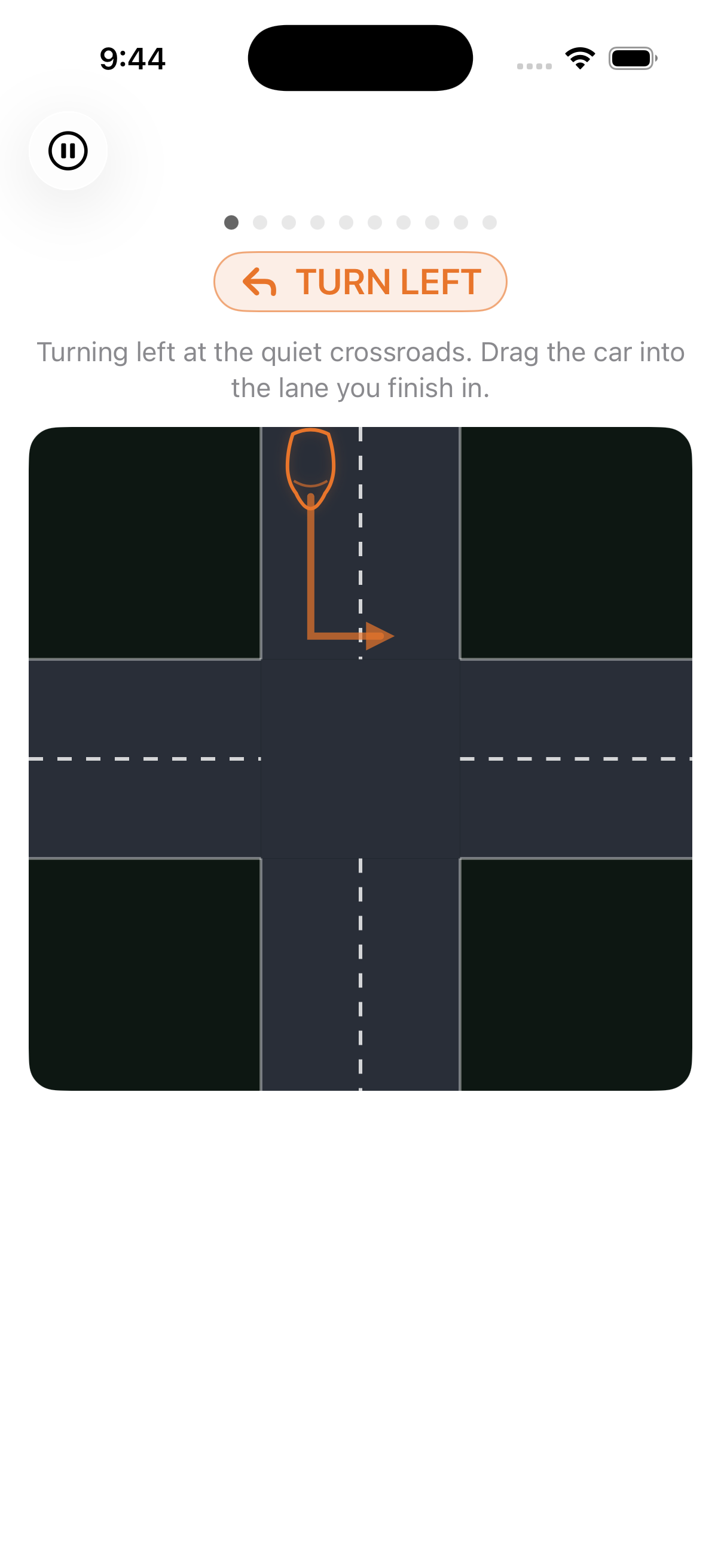 Turning drill at a quiet crossroads, dragging the car into the lane you finish in