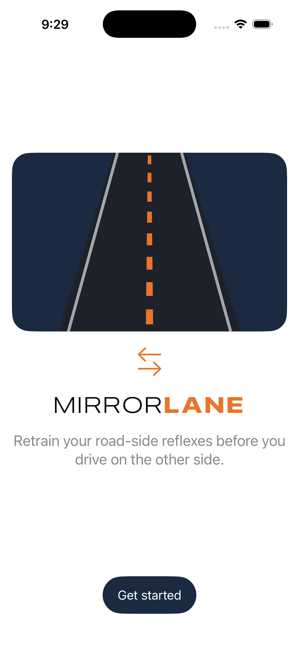 MirrorLane welcome screen showing the app name and tagline